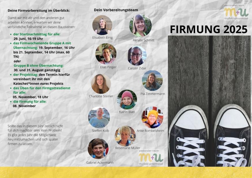 Man sieht den Flyer auf grauem Grund mit den Terminen und Personen, die an der Firmvorbereitung mitwirken
