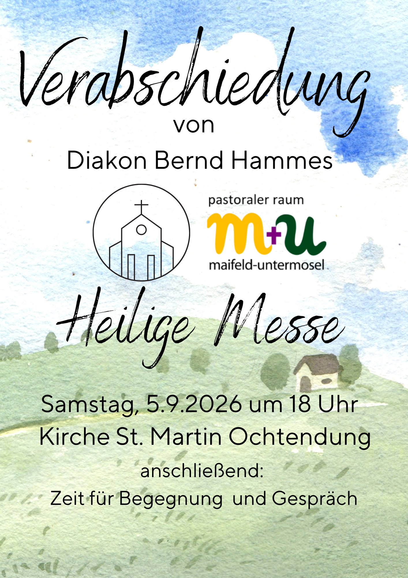 Man sieht vor grüner Wiese und blauem Himmel die Einladung zur Verabschiedung von Diakon Hammes