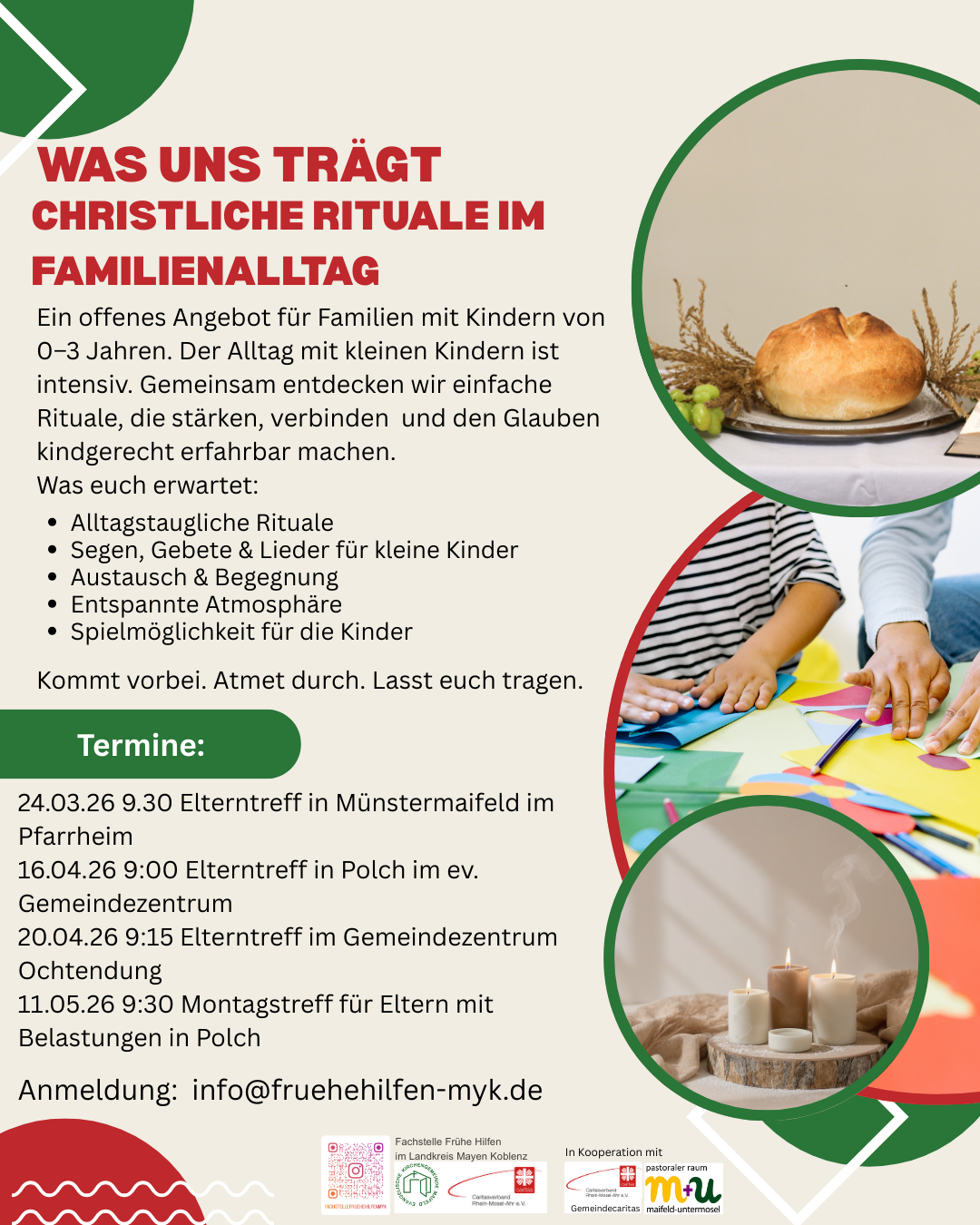 Man sieht ein Plakat am rechten Rand Bilder eines Brotes, Kindern, die basteln und brennende Kerzen auf einem Tablett, links sind die verschiedenen Angebote  für Kinder in der Pfarrei Maifeld aufgelistet
