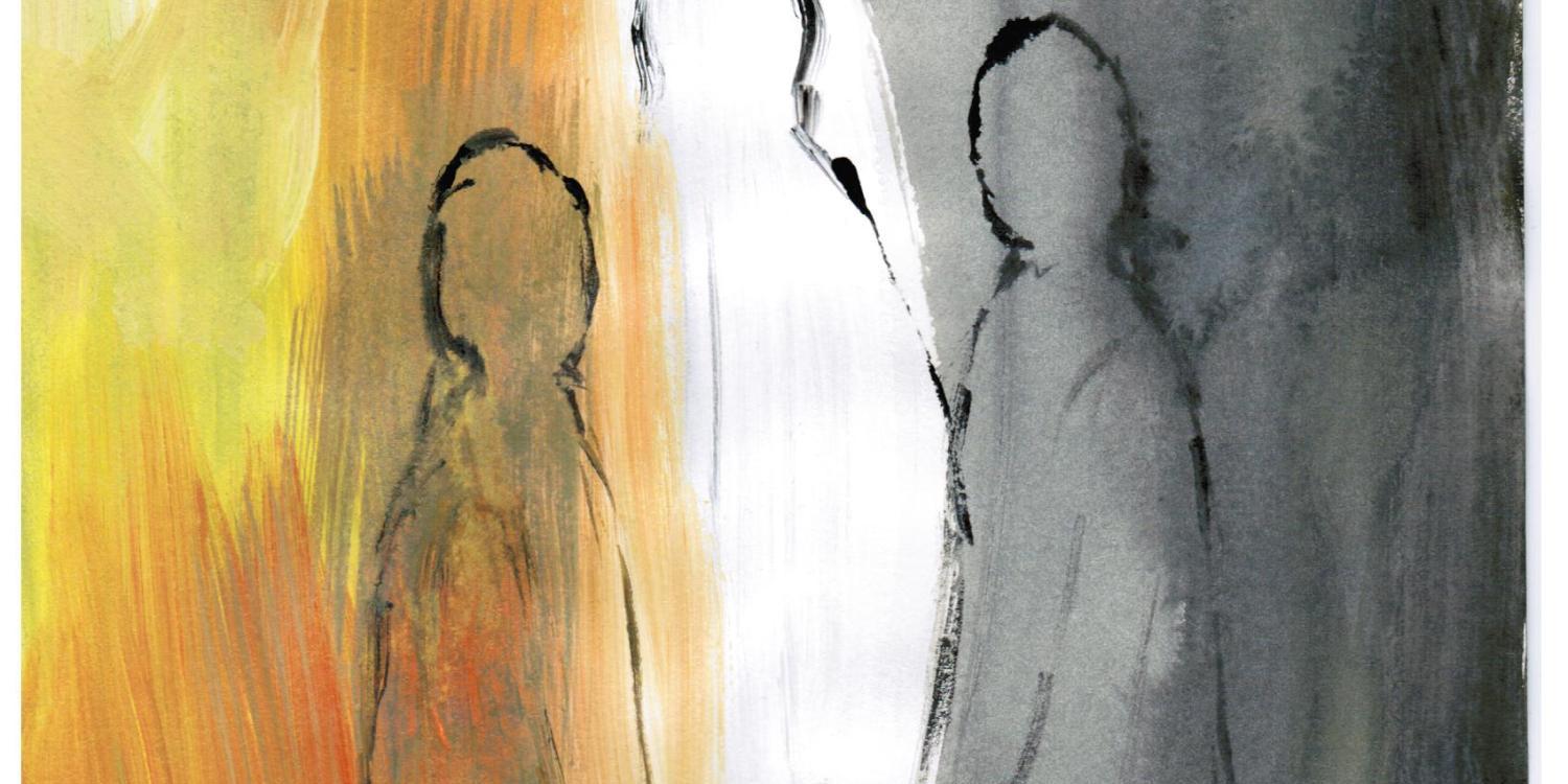 Man sieht ein Bild, dreigeteilt in den Farben gelb, weiß und Grau mit drei stilisiert dargestellten Menschen