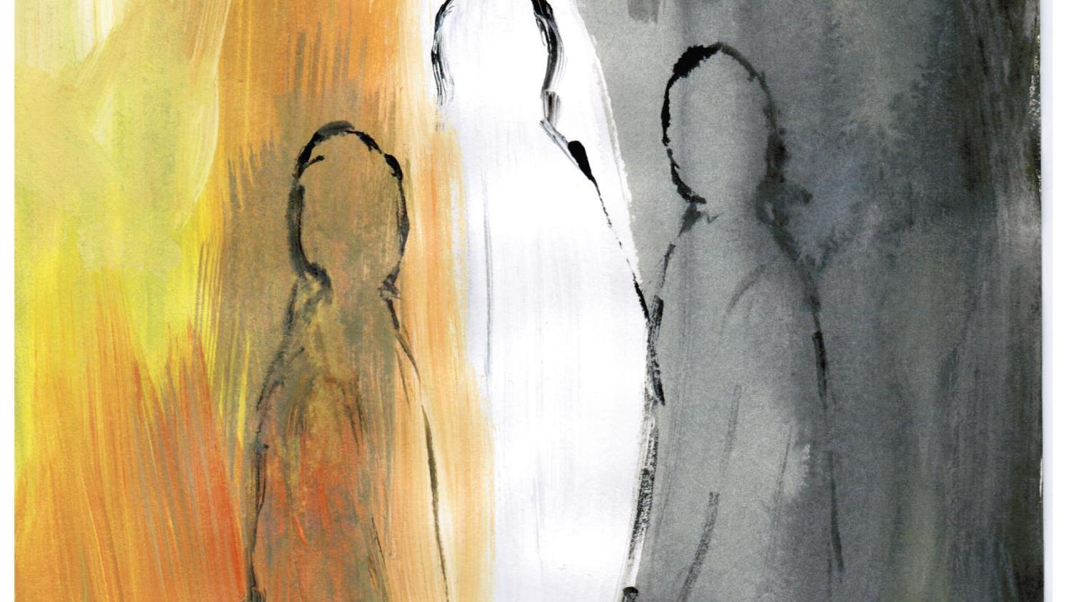 Man sieht ein Bild, dreigeteilt in den Farben gelb, weiß und Grau mit drei stilisiert dargestellten Menschen