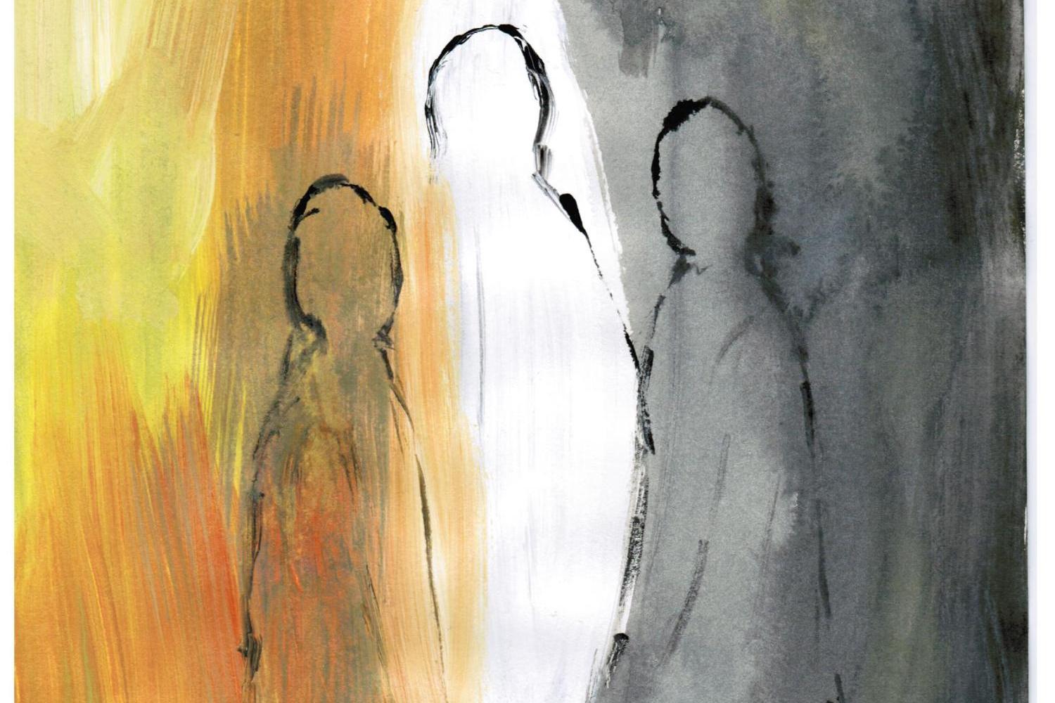 Man sieht ein Bild, dreigeteilt in den Farben gelb, weiß und Grau mit drei stilisiert dargestellten Menschen