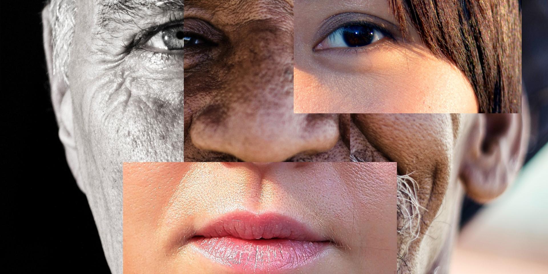 Man sieht ein aus vielen Fotos farbig und schwarz weiß zusammengesetztes Porträt eines Gesichts