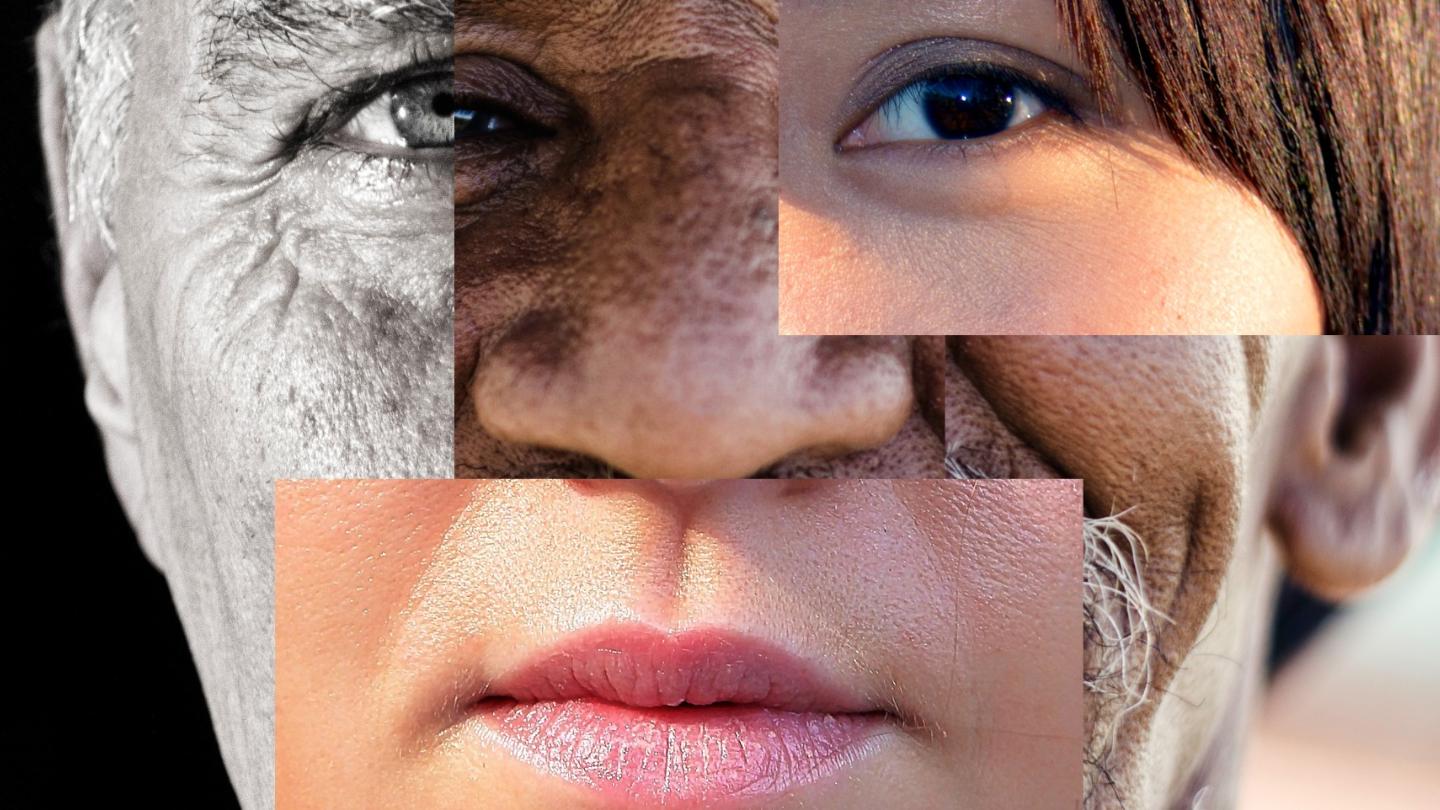 Man sieht ein aus vielen Fotos farbig und schwarz weiß zusammengesetztes Porträt eines Gesichts