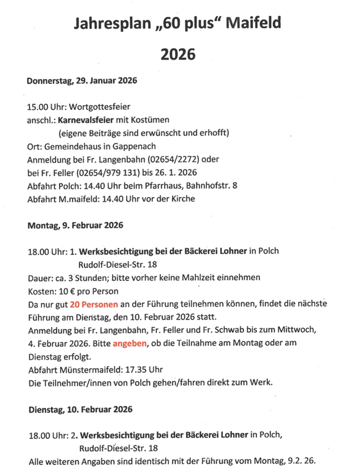 Man sieht die Termine der Kreise 60+ bis Februar 2026