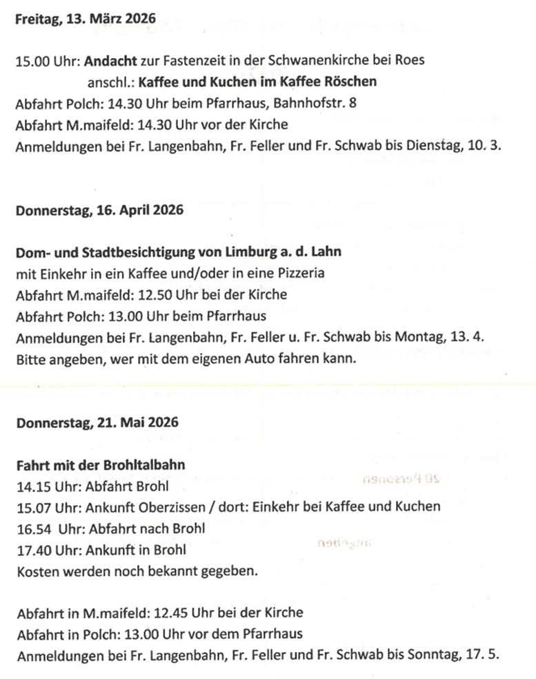 Man sieht die Termine der Kreise 60+ von März bis Mai 2026