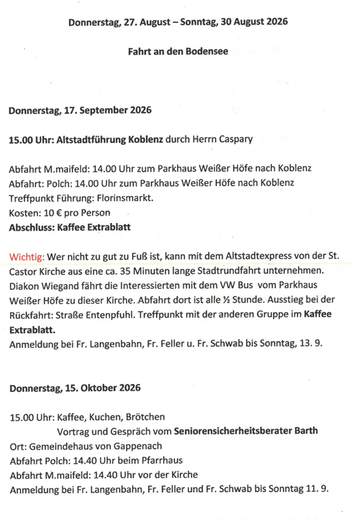 Man sieht die Jahresplanung der Kreise 60+ in 2026 von August bis Oktober