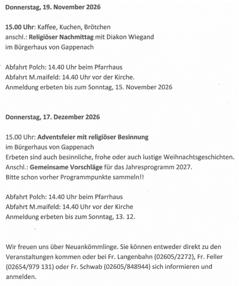 Man sieht die Termine der Kreise 60+ November bis Dezember 2026