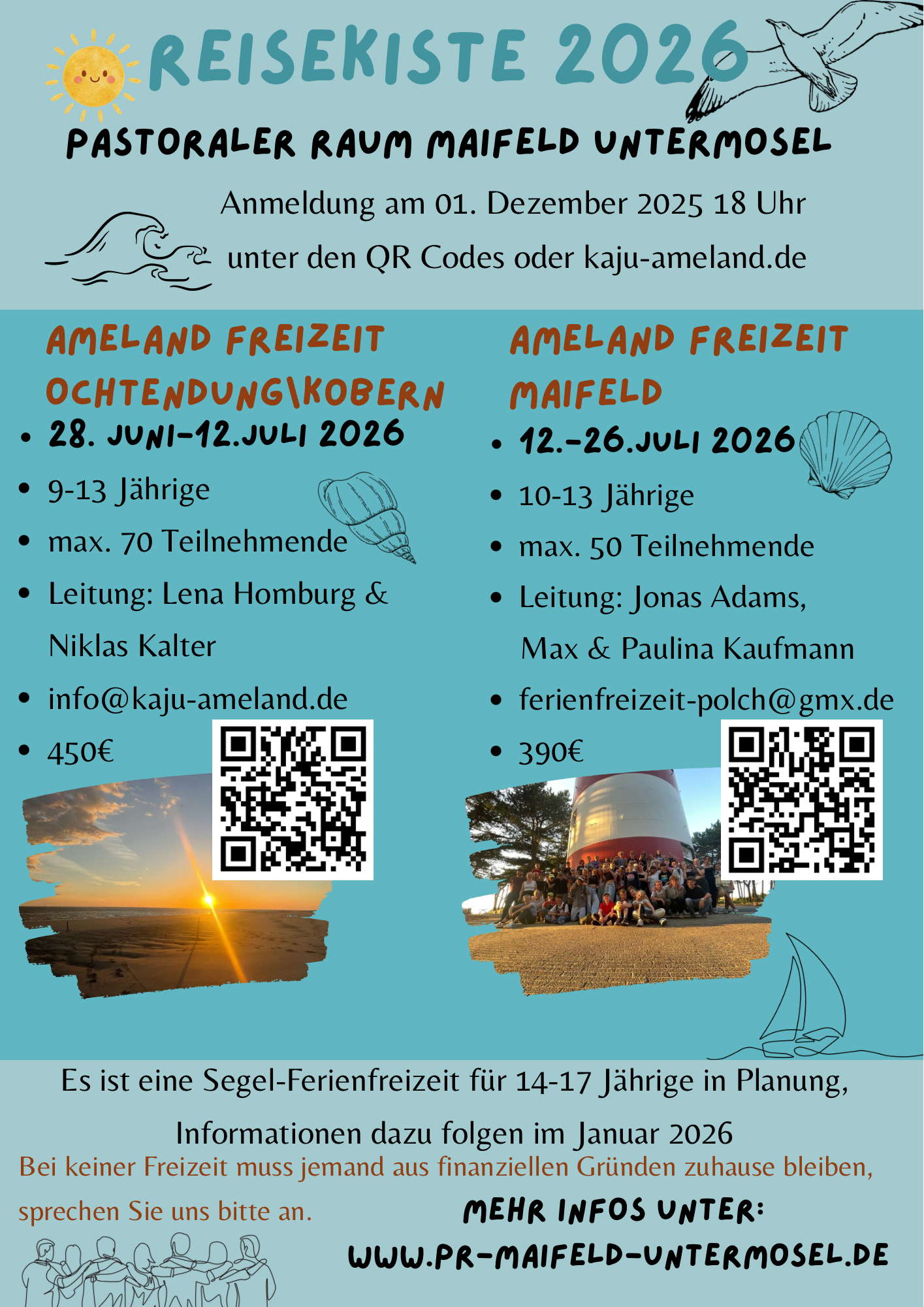 Man sieht auf blauem Grund, mit Bildern vom Meer geschmückt, die Einladung an Kinder und Jugendliche zu den Ameland-Freizeiten 2026