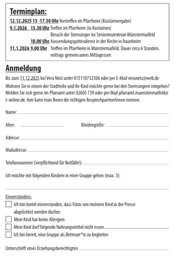 Man sieht die Rückseite des Sternsinger-Flyers von M'maifeld mit den Anmeldeformalitäten