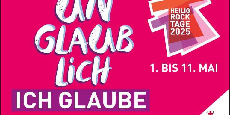 Man sieht das magentafarbene Werbebanner für die Heilig-Rock-tage in Trier 2025