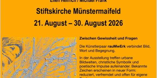 Man sieht auf gelbem Grund die Einladung zur Ausstellung des Künstlerpaares raumWerk in der Kirche in Münstermaifeld im August 2026