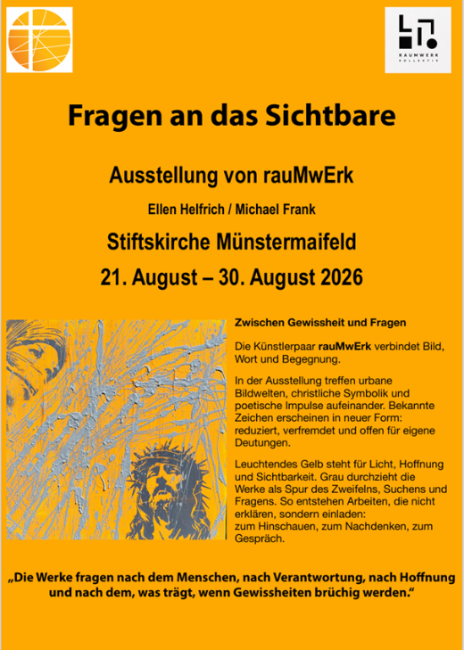 Man sieht auf gelbem Grund die Einladung zur Ausstellung des Künstlerpaares raumWerk in der Kirche in Münstermaifeld im August  2026