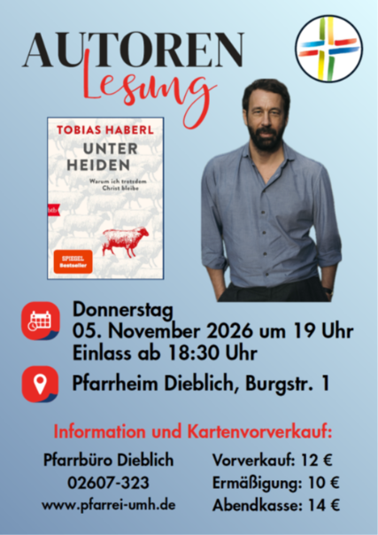 Man sieht auf blauem Grund die Einladung zur Autorenlesung zum Buch 'Unter Heiden' von Tobias Haberl am 05.11. in Dieblich
