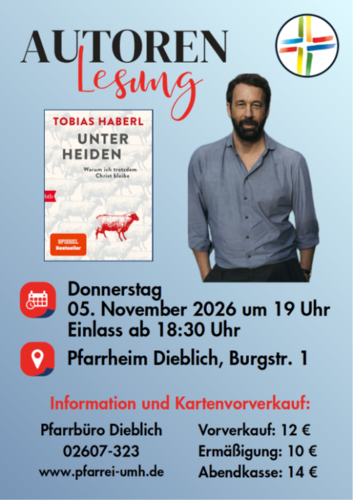 Man sieht auf blauem Grund die Einladung zur Autorenlesung zum Buch 'Unter Heiden' von Tobias Haberl am 05.11. in Dieblich
