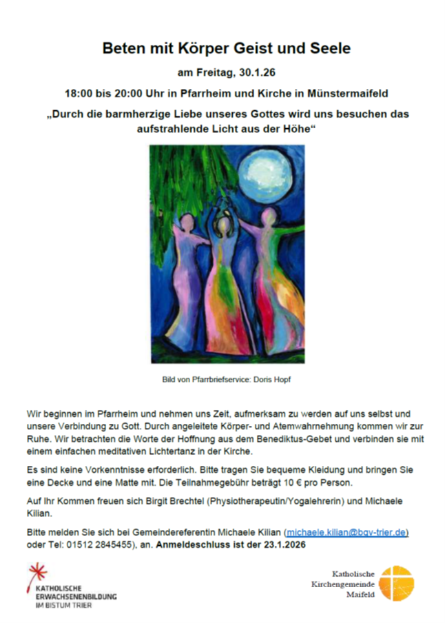 Man sieht die Einladung zu der Veranstaltung 'Beten mit Körper, Geist und Seele' im Januar 2026, in der Mitte ein Bild von Doris Höpf , blauer Hintergrund, davor tanzende Frauen in bunt, stilisiert