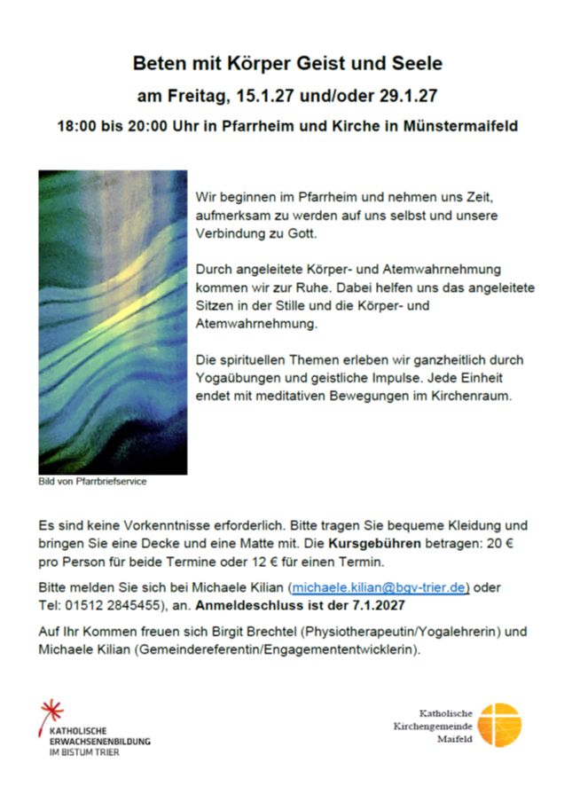 Man sieht die Einladung zum Kurs Beten mit Körper-Geist und Seele - Winter 2027