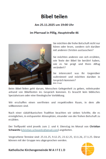 Man sieht die Einladung zum Bibelteilen am 25.11.2025, nach Pillig ins Pfarrheim