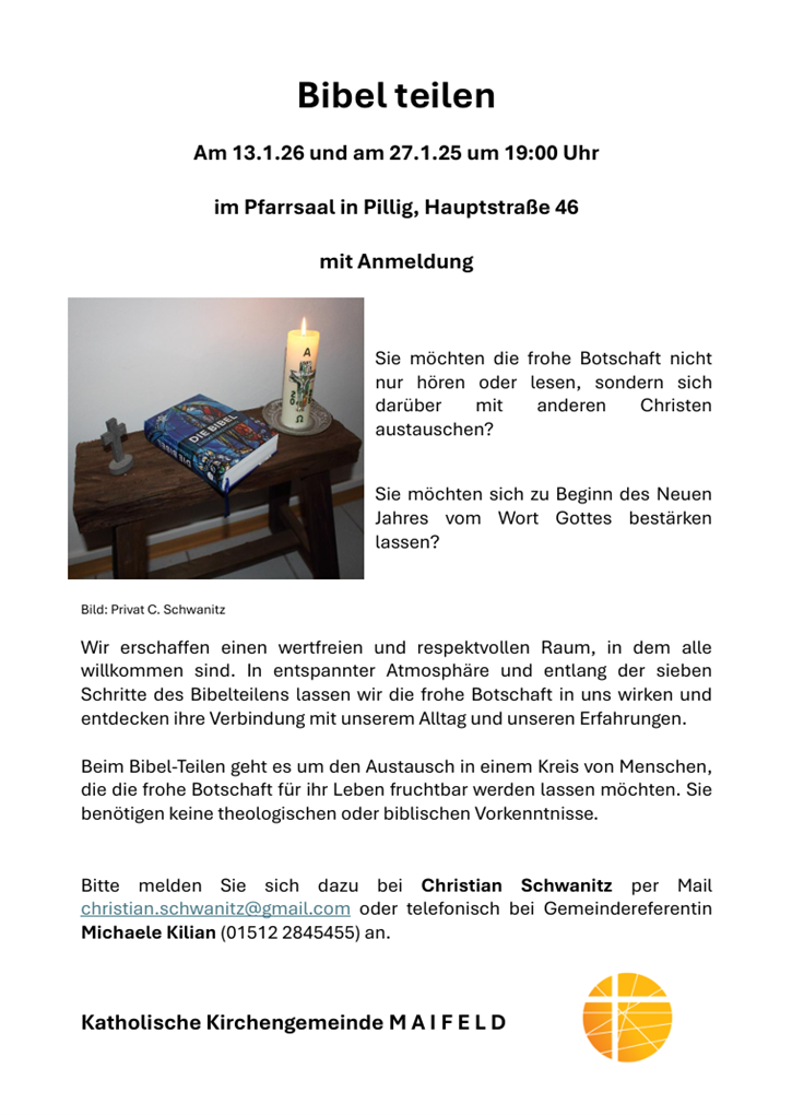 Man sieht die Einladung zum Bibelteilen am 2513. und 27.01.2026 im Pfarrheim in Pillig