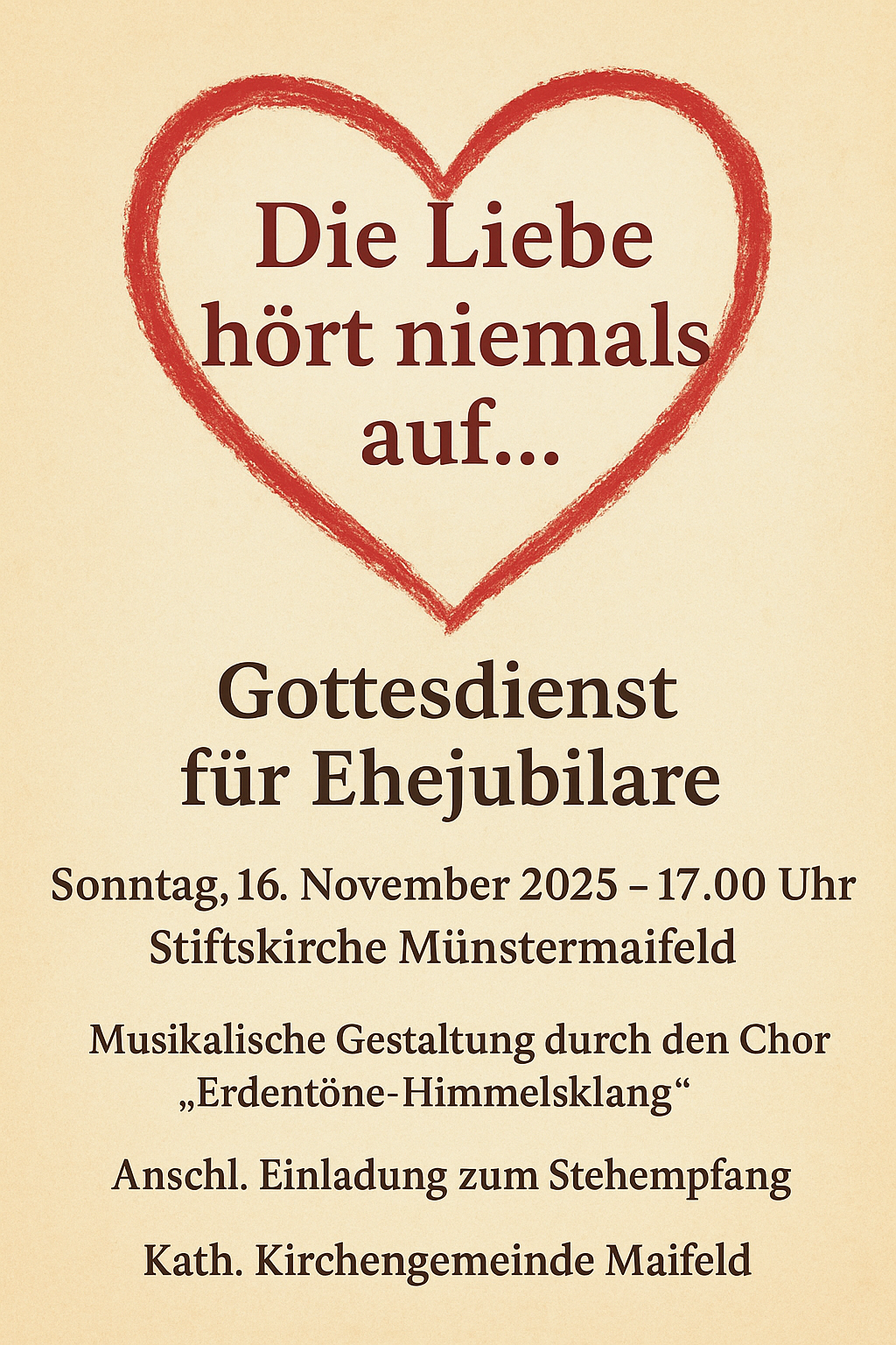 Man sieht einen roten Herzrahmen auf beigem Grund, indem das Bibel-Zitat 'Die Liebe hört niemals auf'