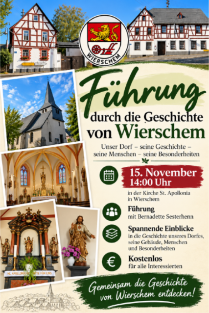 Man sieht ein KI gestaltetes Plakat mit vielen bunten Bildern aus dem Dorf Wierschem und der Einladung zur Führung durch Wierschem  am 15.11.2026