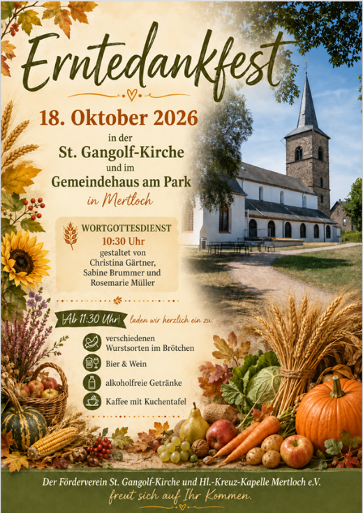 Man sieht auf stilisiertem Herbsthintergrund mit Kürbissen und Sonnenblumen, rechts ein Bildausschnitt die Kirche von Mertlioch, dei Einladung zum Erntedankfest nach Mertloch am 18.10.2026