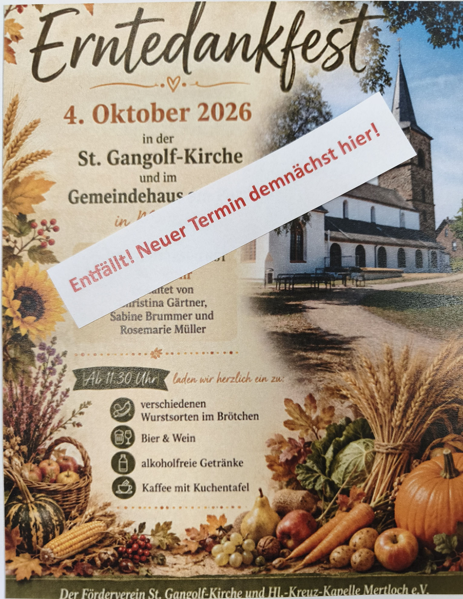 Man sieht in herbstlich mit Sonnenblumen und Feldfrüchten geschmücktem Rahmen und rechts mit dem Schriftzug 'Entfällt! Neuer Termin demnächst hier' das Bild einer Kirche, die Einladung zur Erntedankfeier in Mertloch am 04.10.2026