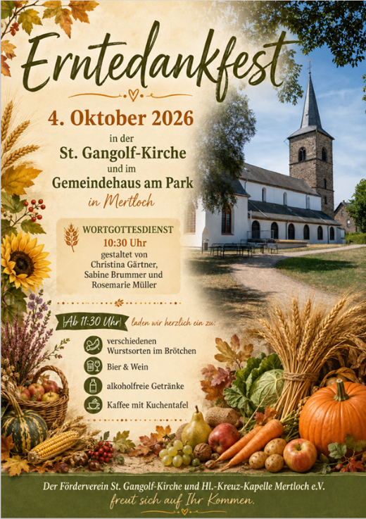 Man sieht in herbstlich mit Sonnenblumen und Feldfrüchten geschmücktem Rahmen und rechts das Bild einer Kirche, die Einladung zur Erntedankfeier in Mertloch am 04.10.2026