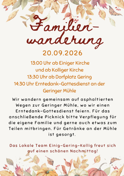 Man sieht, umrahmt von herbstlichem Laub, die Einladung zur Familienwanderung am 20.09.2026 in der Pfarrei Maifeld