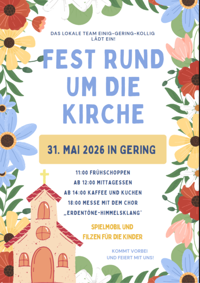 Man sieht die mit bunten Blumen und unten eine Kirche - eingerahmte Einladung zum Fest rund um die Kirche am 31.05.26 in Gering