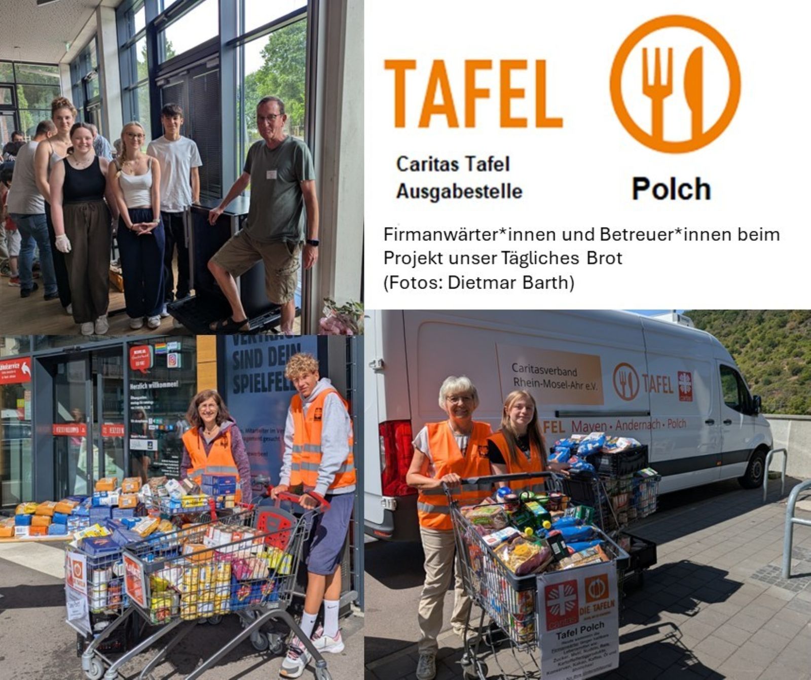 Man sieht eine Bildcollage mit Firmbewerber*Innen der Pfarrei Maifeld, die bei der TAFEL in Polch mitgeholfen haben. Rechts oben in gelber Schrift das Logo der TAFEL Polch