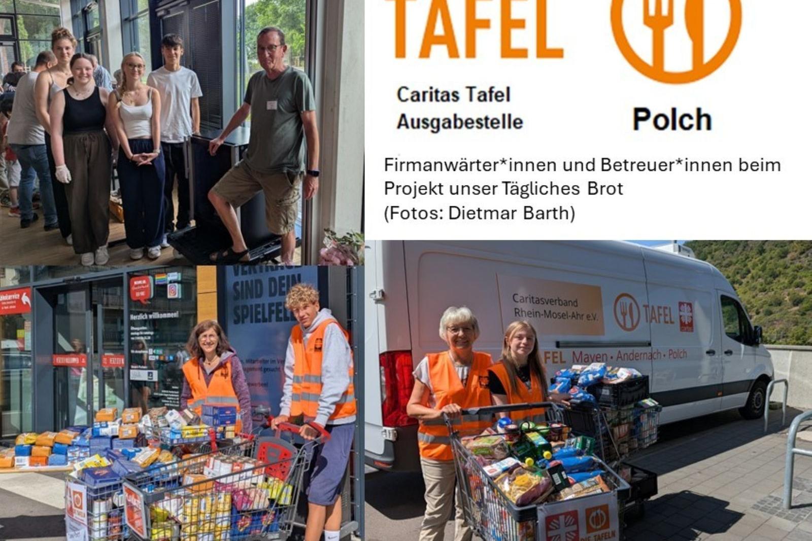 Man sieht eine Bildcollage mit Firmbewerber*Innen der Pfarrei Maifeld, die bei der TAFEL in Polch mitgeholfen haben. Rechts oben in gelber Schrift das Logo der TAFEL Polch
