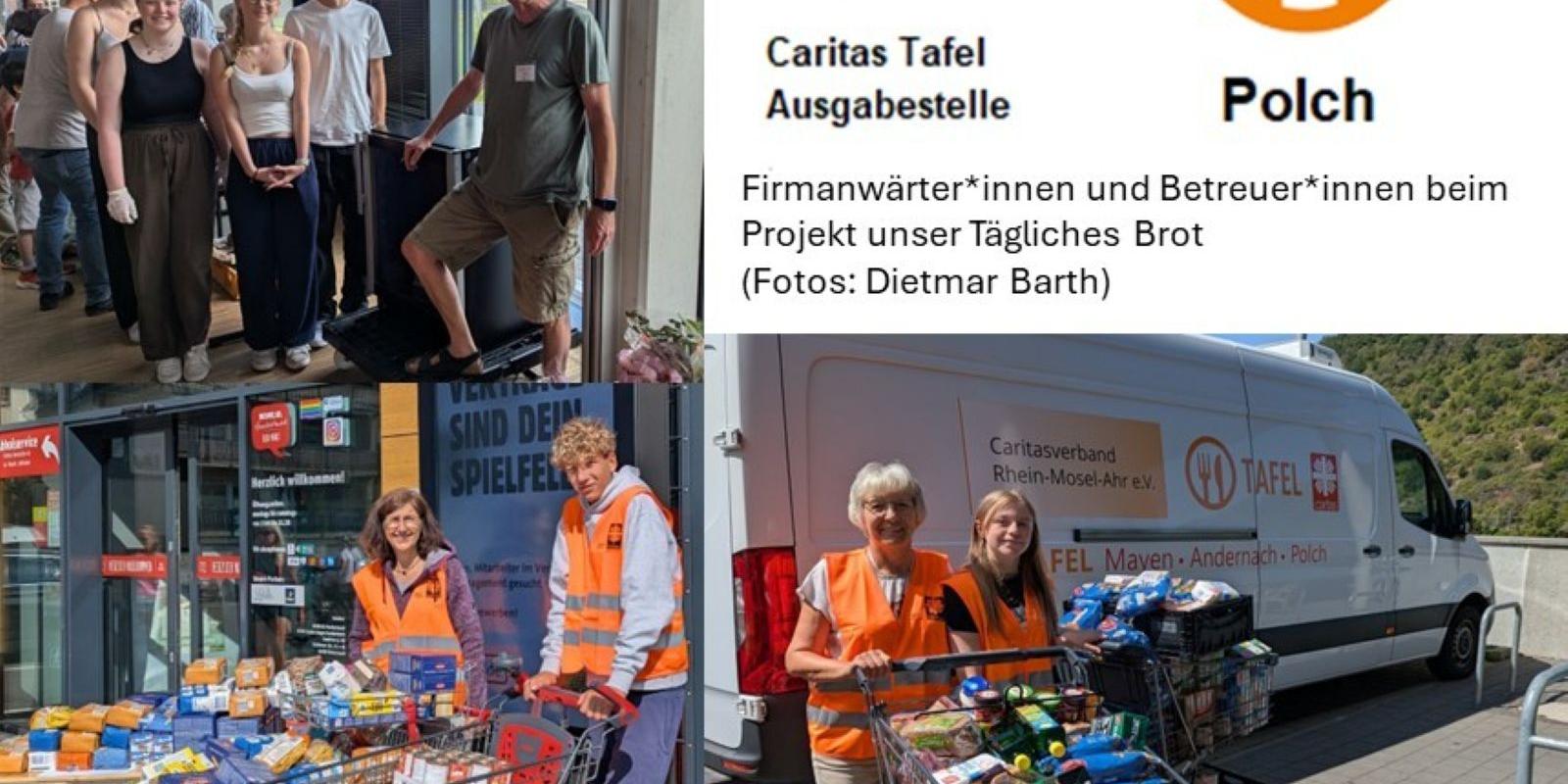 Man sieht eine Bildcollage mit Firmbewerber*Innen der Pfarrei Maifeld, die bei der TAFEL in Polch mitgeholfen haben. Rechts oben in gelber Schrift das Logo der TAFEL Polch (c) TAFEL Polch/Mayen Man sieht eine Bildcollage mit Firmbewerber*Innen der Pfarrei Maifeld, die bei der TAFEL in Polch mitgeholfen haben. Rechts oben in gelber Schrift das Logo der TAFEL Polch
