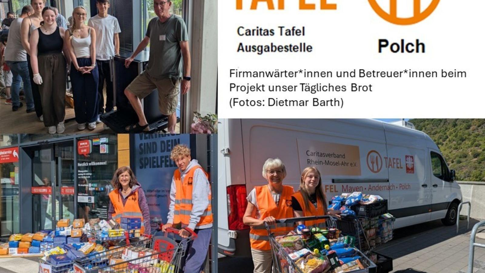 Man sieht eine Bildcollage mit Firmbewerber*Innen der Pfarrei Maifeld, die bei der TAFEL in Polch mitgeholfen haben. Rechts oben in gelber Schrift das Logo der TAFEL Polch