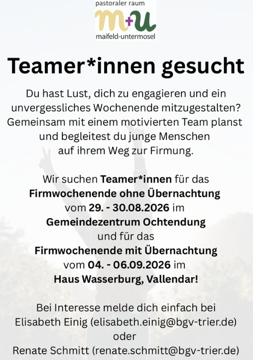 Man sieht ein Plakat mit dem Logo des PR MaifeldUntermosel, auf dem Teamer für die Firmvorbereitung gesucht werden
