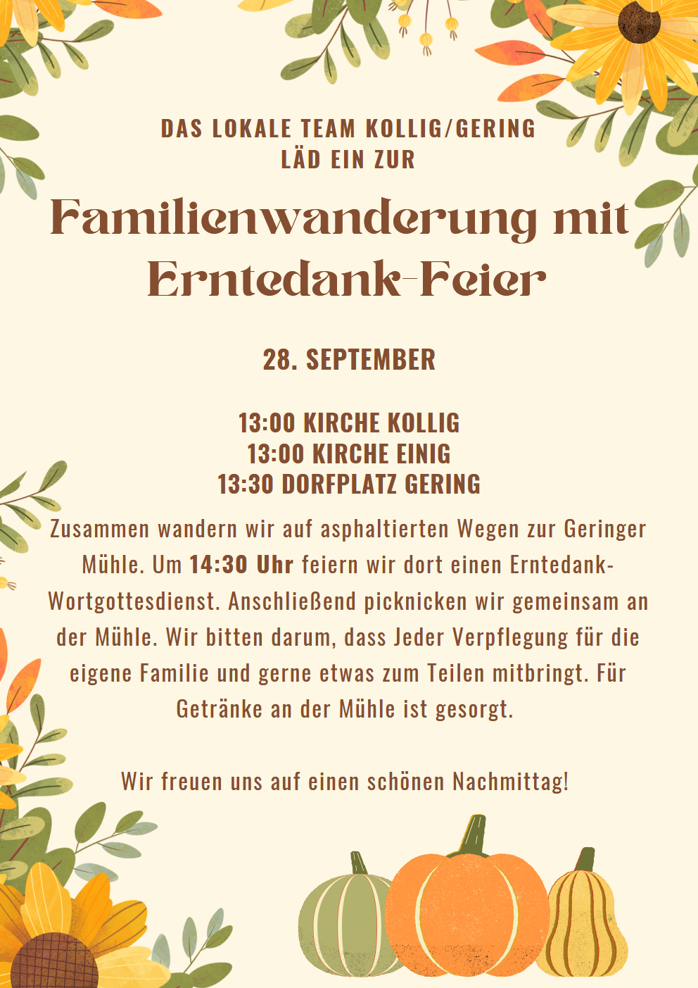 Man sieht den herbstlich mit Sonnenblumen und Kürbissen gestalteten Flyer zur Familienwanderung mit Gottesdienst zu Erntedank am 28.09.2025