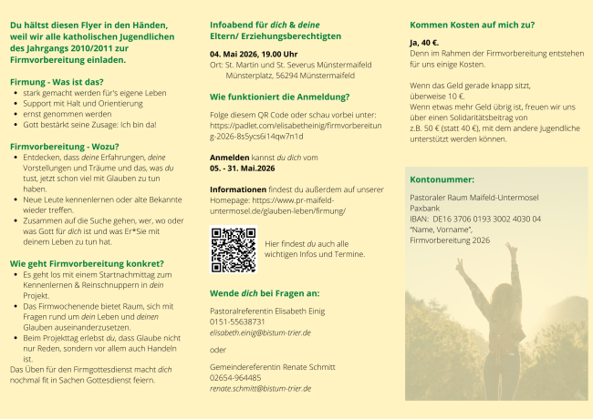 Man sieht die Einladung an die Jugendlichen zur Firmung 2026 im Pastoralen Raum Maifeld-Untermosel (c) Pastoraler Raum Maifeld-Untermosel Man sieht die Einladung an die Jugendlichen zur Firmung 2026 im Pastoralen Raum Maifeld-Untermosel