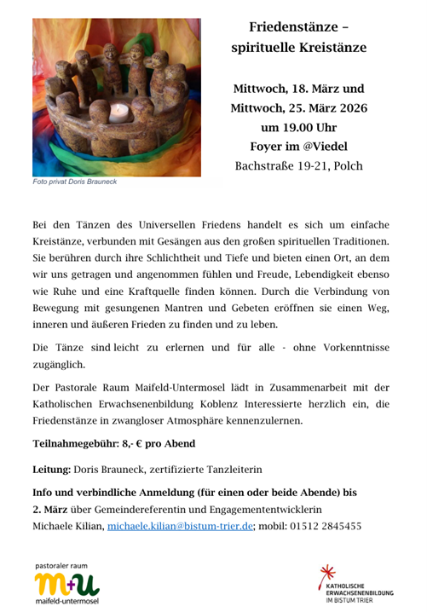 Man sieht rechts ein Bild von einem 'Freundeskreis' aus Stein, auf buntem Tuch - im Text wird eingeladen zu sogenannten 'Friedenstänzen' im März 2026, im @Viedel Polch