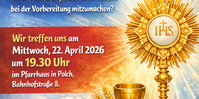 Man sieht rechts eine Monstranz und eine Kelch mit blauen Trauben auf gelb-Blauem Hintergrund