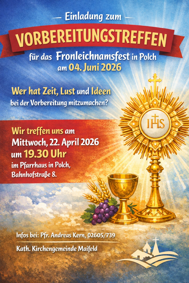 Man sieht rechts eine Monstranz und eine Kelch mit blauen Trauben auf gelb-Blauem Hintergrund