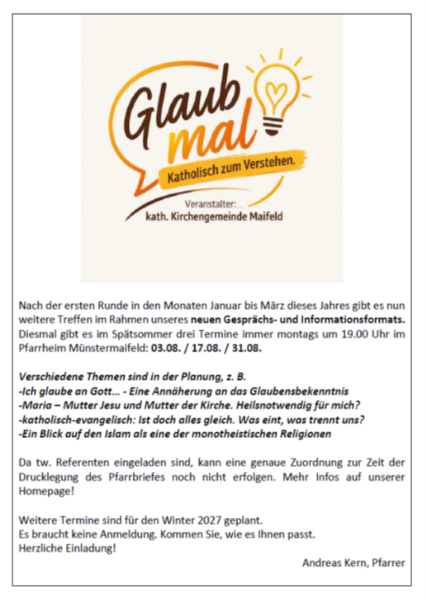 Man sieht eine Einladung zu Glaubensgesprächen unter dem Titel: 'Glaub Mal'