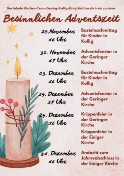 Man sieht auf beigem Grund mit stilisierter Kerze links und Text rechts - die Termine im Advent 2025 von Kollig, Gering und Einig