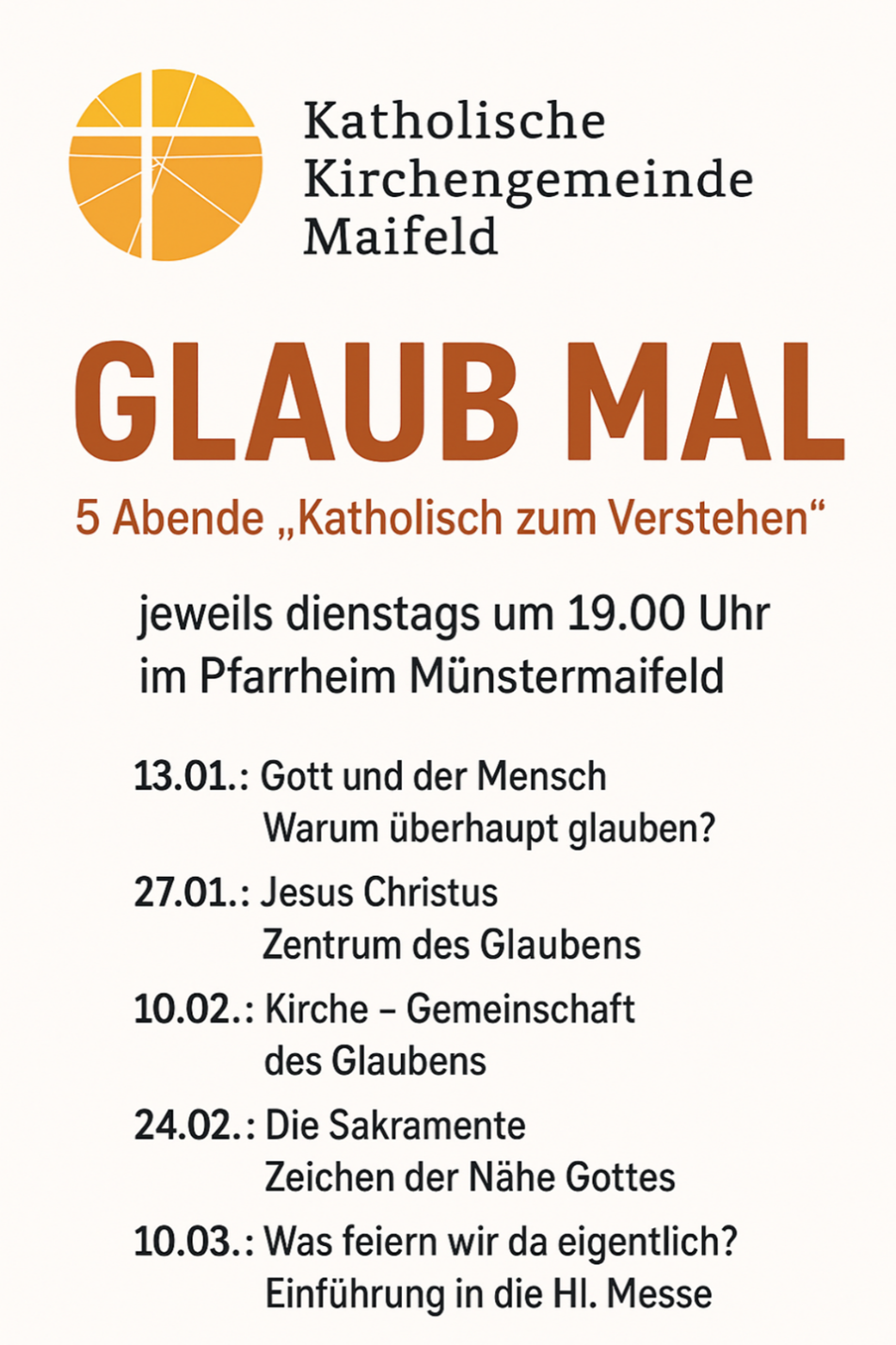 Man sieht die Einladung zu 4 Abenden im Januar und Februar, die zur Glaubensbildung dienen