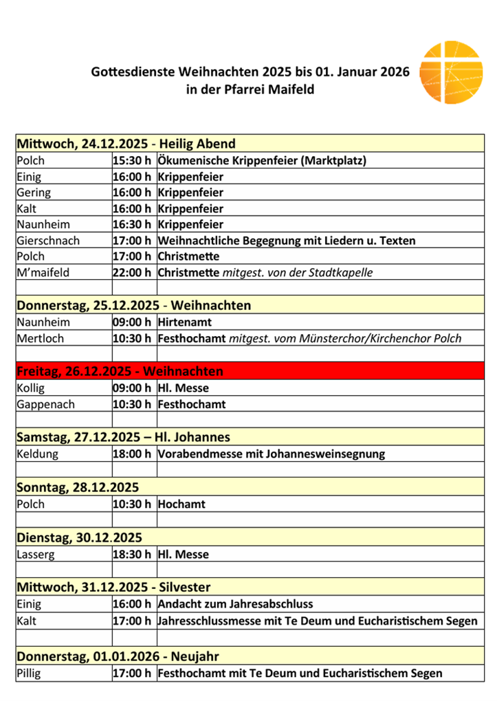 Man sieht die Gottesdienstordnung der Pfarrei Maifeld vom 20.12.25-11.01.2026