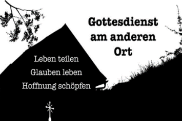 Man sieht eine Abbildung, die wie ein Scherenschnitt aussieht mit Haus und Wiese. SChriftzug: Gottesdienst am anderen Ort