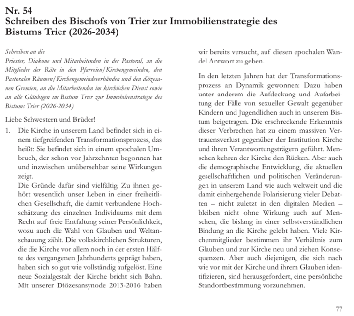 Es ist das Schreiben des Bischofs von Trier zur Immobilien-Strategie 2026-2034 zu sehen