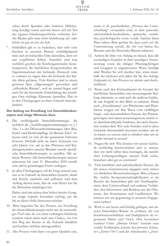 Es ist das Schreiben des Bischofs von Trier zur Immobilien-Strategie 2026-2034 zu sehen