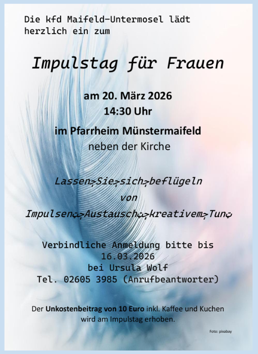 Man sieht auf hellblauem Grund eine blau ausgestaltete Feder mit der Einladung zum Impulstag am 20.03.2026