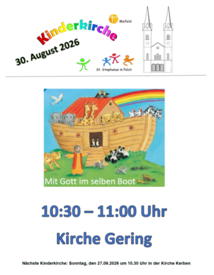Man sieht die Einladung zur Kinderkirche im August in der Pfarrei Maifeld, in der Mitte eine bunte Arche Noah mit Tieren und dem Schriftzug 'Mit Gott im selben Boot'