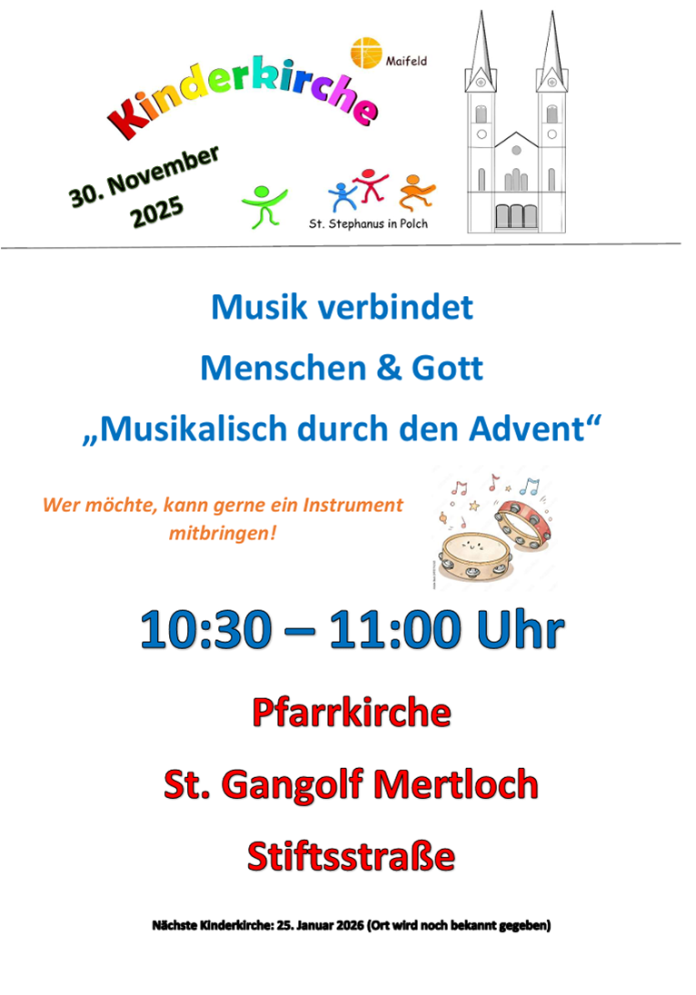 Man sieht die Einladung zur Kinderkirche am 1. Adventssonntag, nach Mertloch in die Kirche oben das Logo und rechts das stilisierte Bild der Polcher Kirche